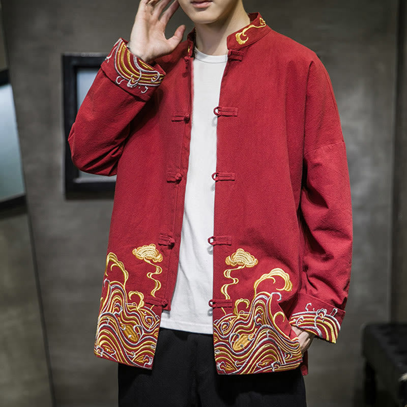 Chaqueta de traje Tang de algodón para hombre, de manga larga, con botones de rana y nubes bordadas con Buddha Stones - image 5