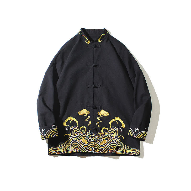 Chaqueta de traje Tang de algodón para hombre, de manga larga, con botones de rana y nubes bordadas con Buddha Stones - image 19
