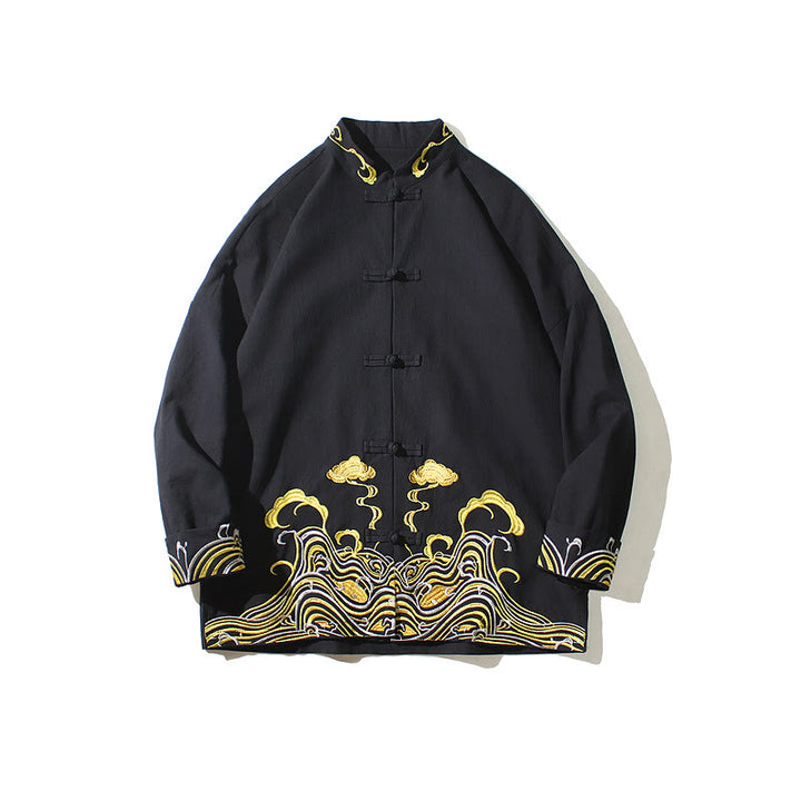 Chaqueta de traje Tang de algodón para hombre, de manga larga, con botones de rana y nubes bordadas con Buddha Stones - image 19