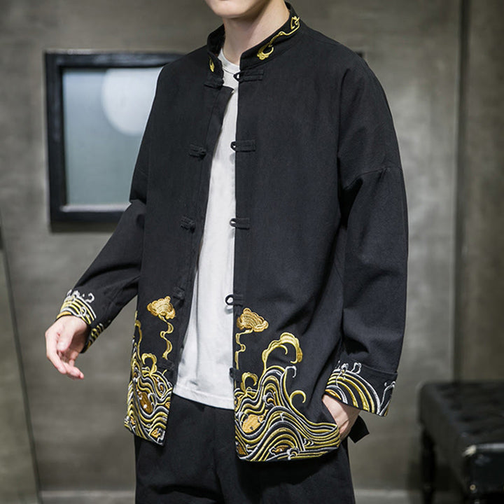 Chaqueta de traje Tang de algodón para hombre, de manga larga, con botones de rana y nubes bordadas con Buddha Stones - image 12