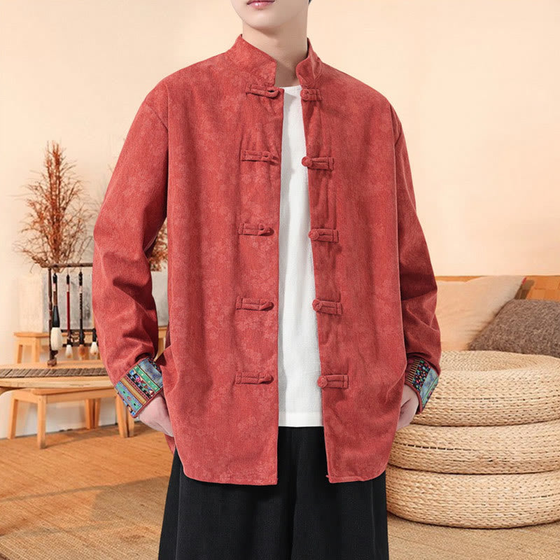 Chaqueta de traje Tang de pana de algodón para hombre, de manga larga, con estampado de flor de ciruelo y Buddha Stones - Tomate - US/UK/AU46, EU56 (5XL) - image 9