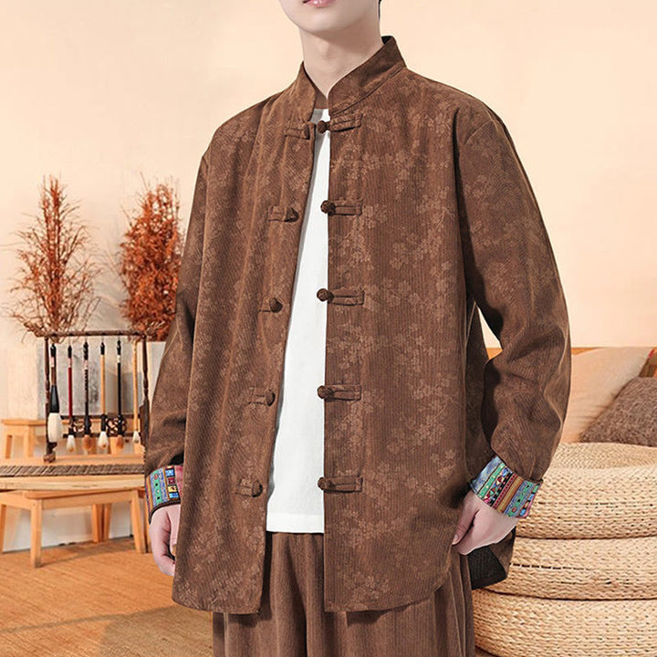 Chaqueta de traje Tang de pana de algodón para hombre, de manga larga, con estampado de flor de ciruelo y Buddha Stones - image 16