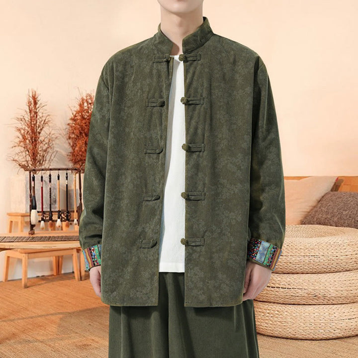 Chaqueta de traje Tang de pana de algodón para hombre, de manga larga, con estampado de flor de ciruelo y Buddha Stones - image 1