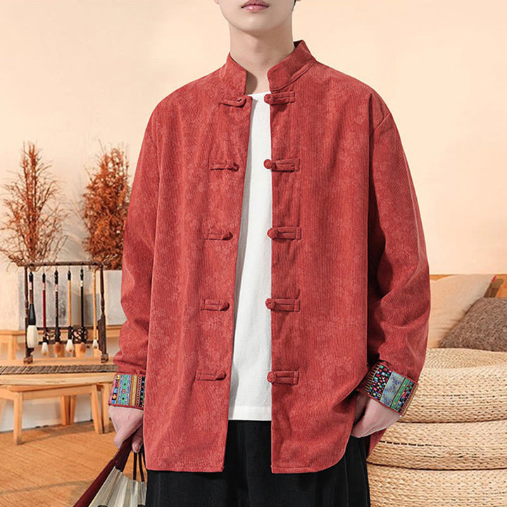 Chaqueta de traje Tang de pana de algodón para hombre, de manga larga, con estampado de flor de ciruelo y Buddha Stones - image 10