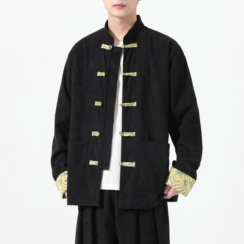 Chaqueta de pana de algodón para hombre, de manga larga, con diseño floral de Buddha Stones y bolsillos - Negro - US/UK/AU46, EU56 (5XL) - image 6