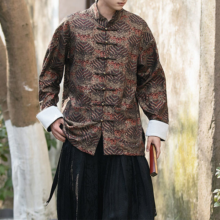 Camisa de manga larga con botones y bolsillos para hombre con estampado floral de Buddha Stones - SaddleBrown - US/UK/AU46, EU56 (5XL) - image 17