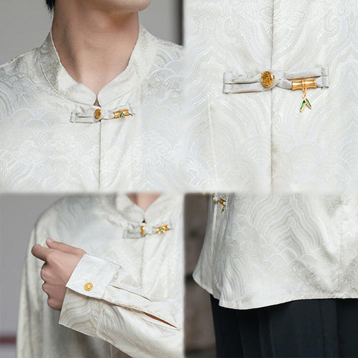 Camisa de manga larga para hombre con diseño de rana china y bambú, con cuello alto y botones - image 9