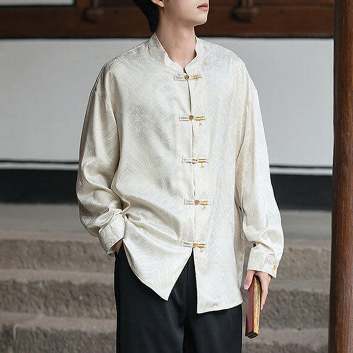 Camisa de manga larga para hombre con diseño de rana china y bambú, con cuello alto y botones - image 2
