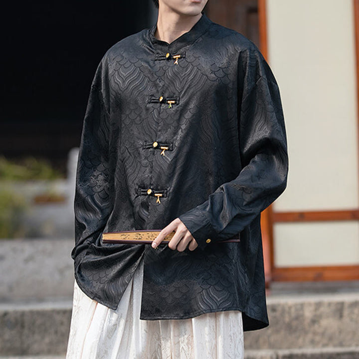 Camisa de manga larga para hombre con diseño de rana china y bambú, con cuello alto y botones - Negro - US/UK/AU46, EU56 (5XL) - image 10