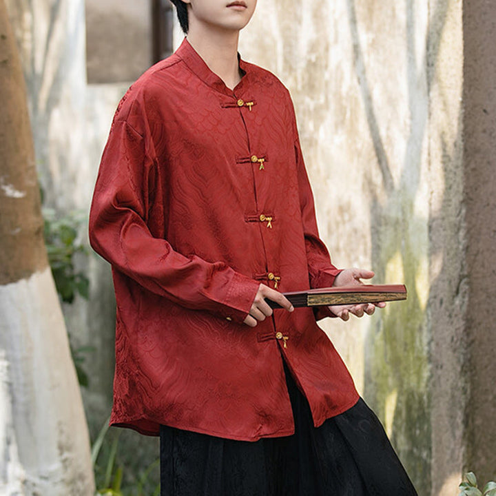 Camisa de manga larga para hombre con diseño de rana china y bambú, con cuello alto y botones - image 22