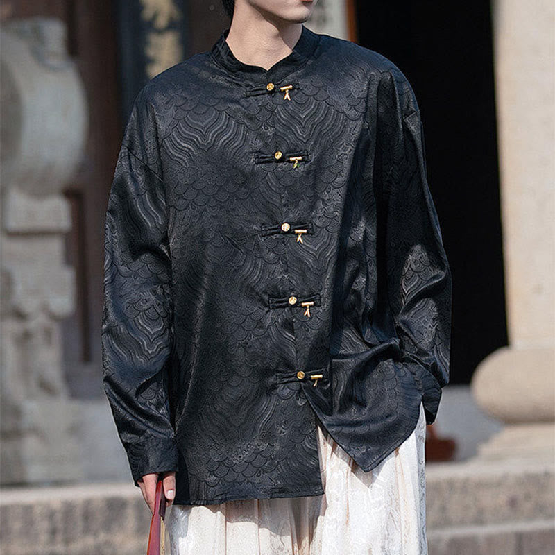 Camisa de manga larga para hombre con diseño de rana china y bambú, con cuello alto y botones - image 17