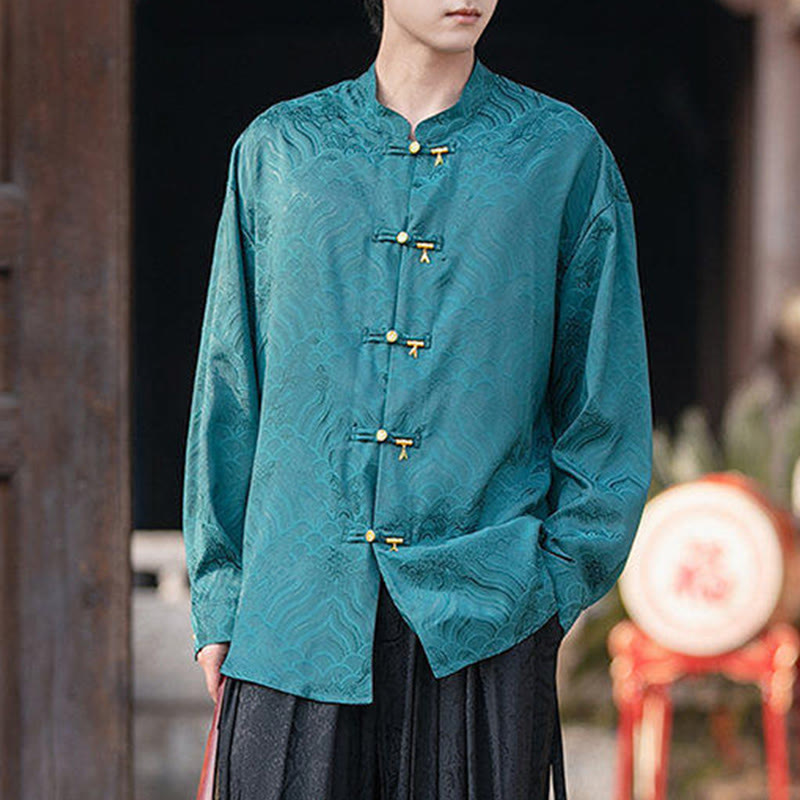 Camisa de manga larga para hombre con diseño de rana china y bambú, con cuello alto y botones - image 27