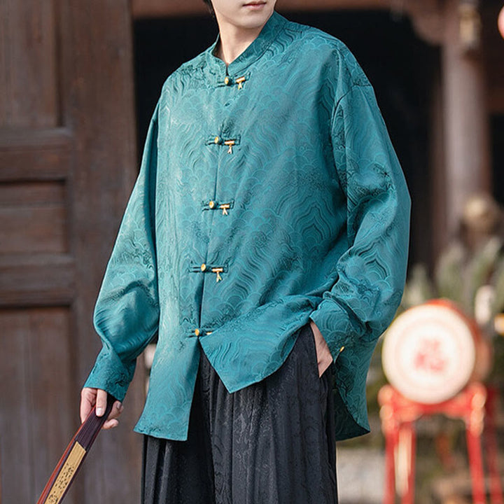 Camisa de manga larga para hombre con diseño de rana china y bambú, con cuello alto y botones - Verde mar claro - US/UK/AU46, EU56 (5XL) - image 26