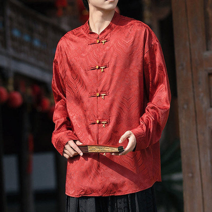 Camisa de manga larga para hombre con diseño de rana china y bambú, con cuello alto y botones - image 24