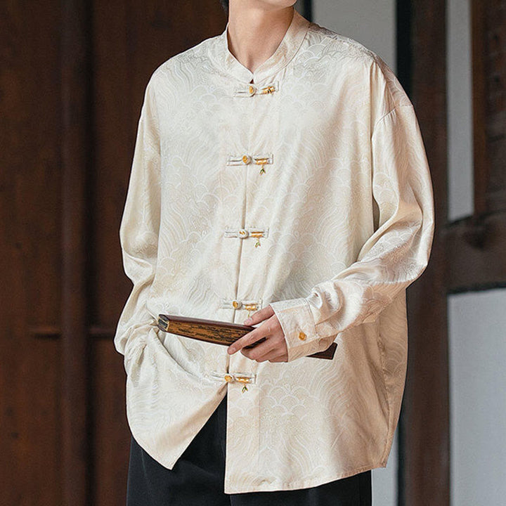 Camisa de manga larga para hombre con diseño de rana china y bambú, con cuello alto y botones - Beige - US/UK/AU46, EU56 (5XL) - image 0