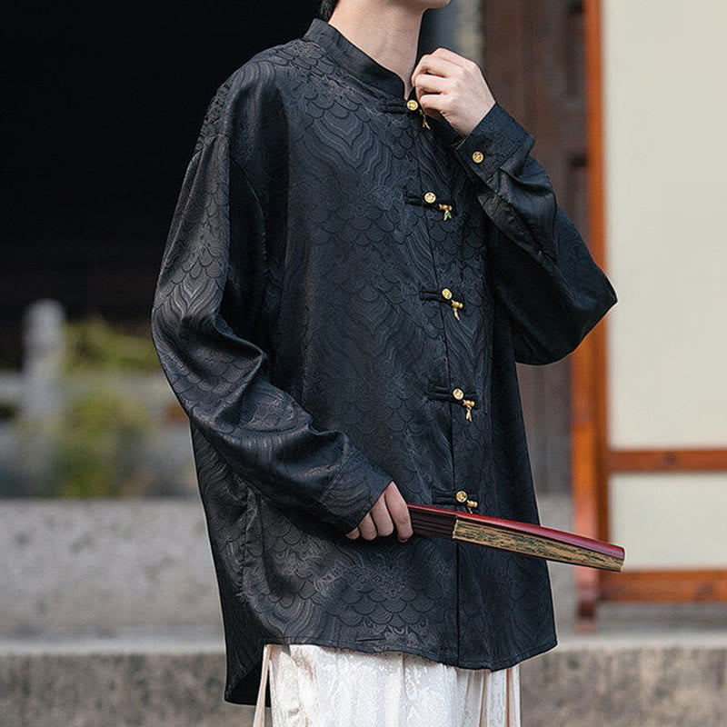 Camisa de manga larga para hombre con diseño de rana china y bambú, con cuello alto y botones - image 11