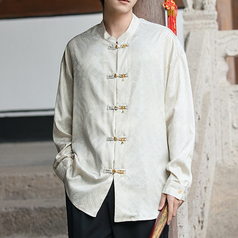 Camisa de manga larga para hombre con diseño de rana china y bambú, con cuello alto y botones - image 8