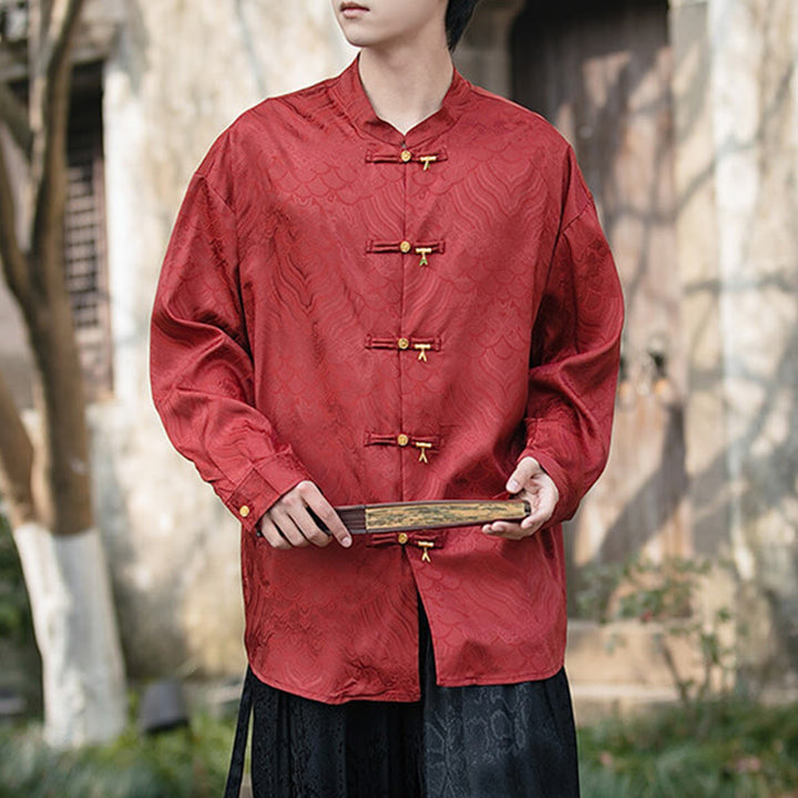 Camisa de manga larga para hombre con diseño de rana china y bambú, con cuello alto y botones - Ladrillo refractario - US/UK/AU46, EU56 (5XL) - image 18