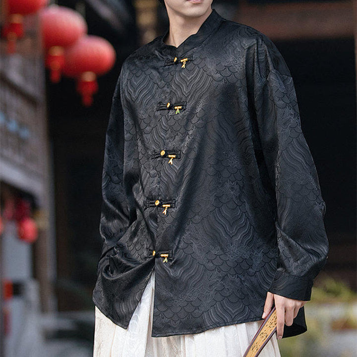 Camisa de manga larga para hombre con diseño de rana china y bambú, con cuello alto y botones - image 16