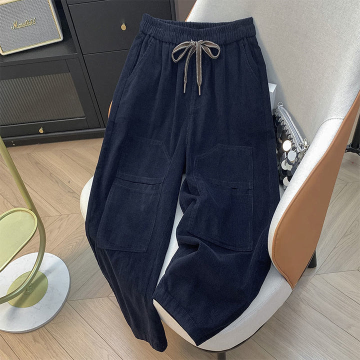 Pantalones harén de pana de algodón con cordón y bolsillos de Buddha Stones para mujer, otoño - Azul medianoche - US8-10，UK/AU12-14，EU40-42 (2XL) - image 3