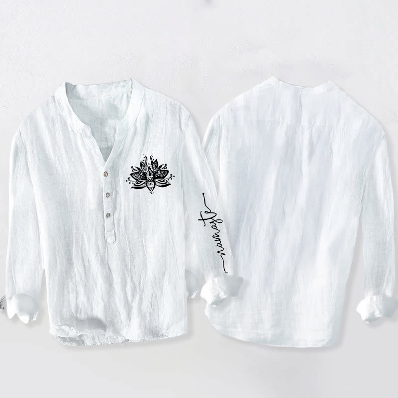 Camisa de manga larga de lino y algodón para hombre con estampado de loto y Buddha Stones, con botones y medio cuello - image 8