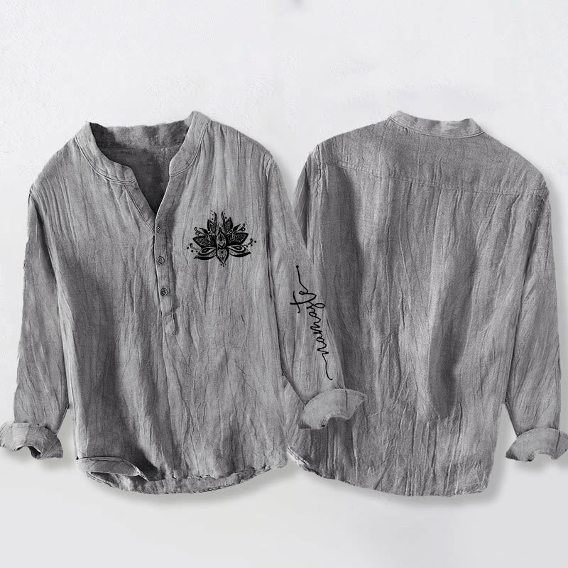 Camisa de manga larga de lino y algodón para hombre con estampado de loto y Buddha Stones, con botones y medio cuello - image 5