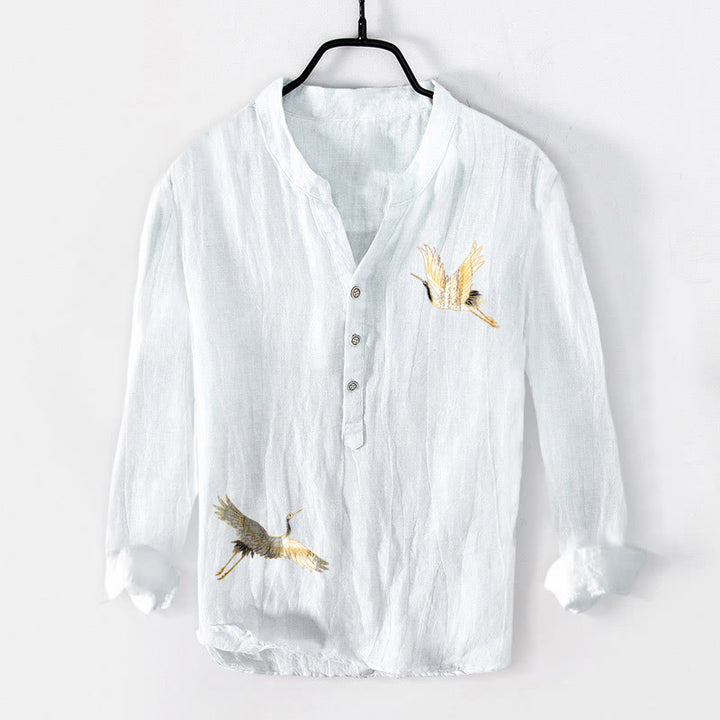 Camisa de manga larga de algodón y lino para hombre, con diseño de Buddha Stones, grulla, sol rojo, pino y medio botón. - image 7