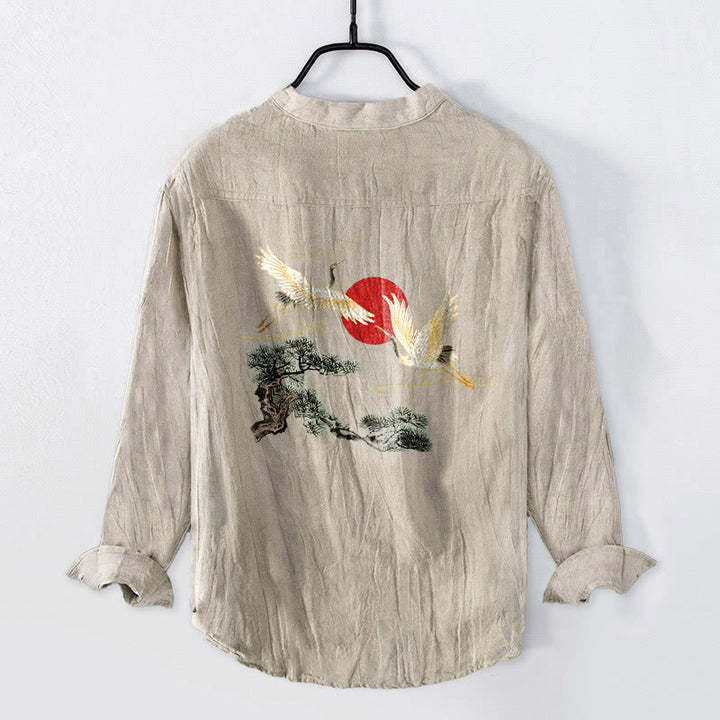 Camisa de manga larga de algodón y lino para hombre, con diseño de Buddha Stones, grulla, sol rojo, pino y medio botón. - image 5