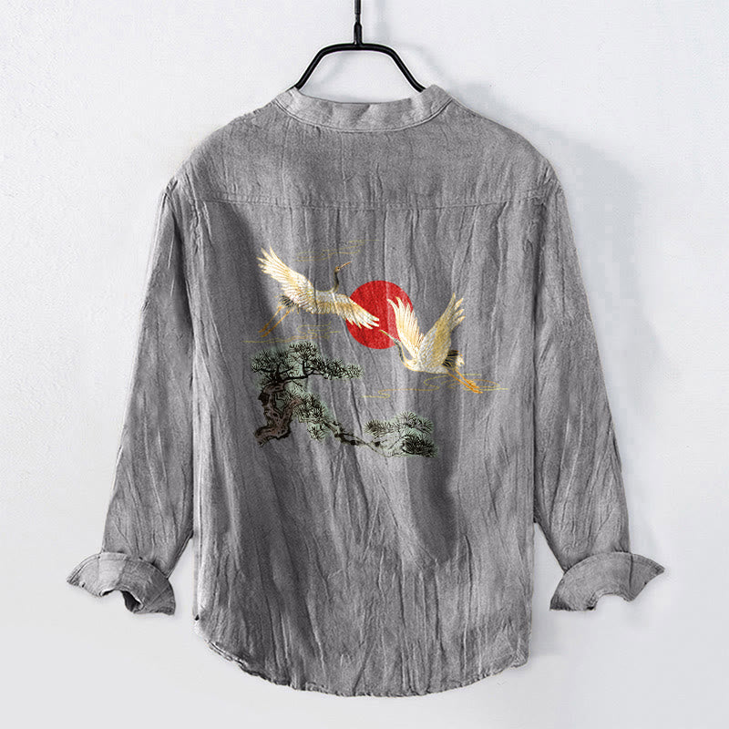 Camisa de manga larga de algodón y lino para hombre, con diseño de Buddha Stones, grulla, sol rojo, pino y medio botón. - image 2