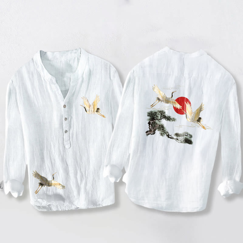 Camisa de manga larga de algodón y lino para hombre, con diseño de Buddha Stones, grulla, sol rojo, pino y medio botón. - Blanco - US/UK/AU50, EU60 (5XL) - image 6