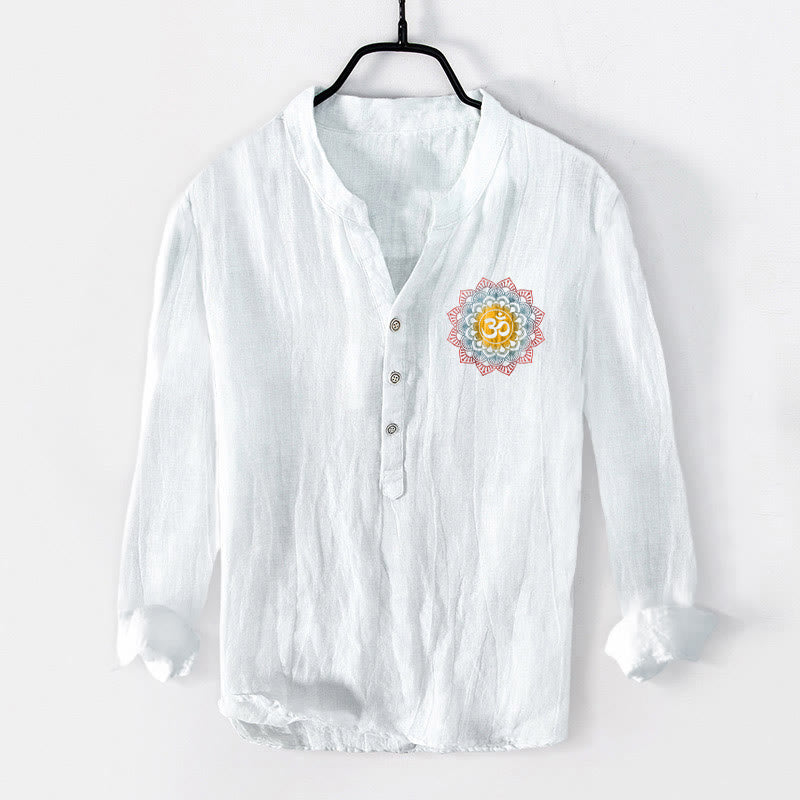 Camisa de manga larga de algodón y lino para hombre con diseño de mandala Om y Buddha Stones , botones y medio botón. - image 1