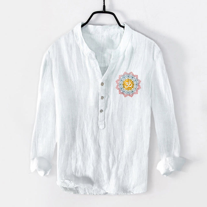 Camisa de manga larga de algodón y lino para hombre con diseño de mandala Om y Buddha Stones , botones y medio botón. - image 1