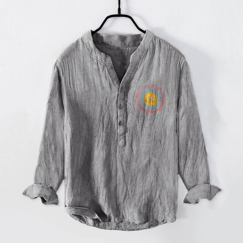 Camisa de manga larga de algodón y lino para hombre con diseño de mandala Om y Buddha Stones , botones y medio botón. - image 7