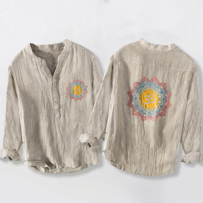 Camisa de manga larga de algodón y lino para hombre con diseño de mandala Om y Buddha Stones , botones y medio botón. - Lino - US/UK/AU50, EU60 (5XL) - image 3