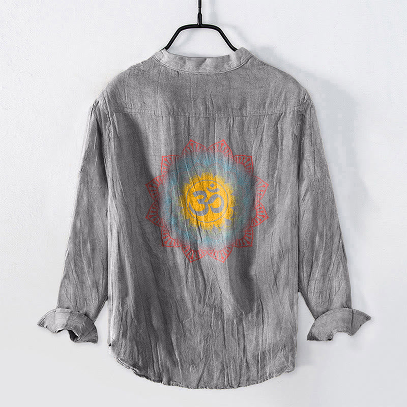 Camisa de manga larga de algodón y lino para hombre con diseño de mandala Om y Buddha Stones , botones y medio botón. - image 8