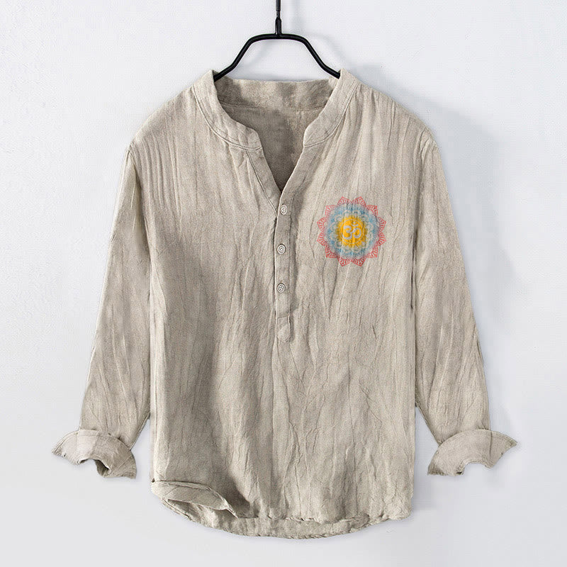 Camisa de manga larga de algodón y lino para hombre con diseño de mandala Om y Buddha Stones , botones y medio botón. - image 4