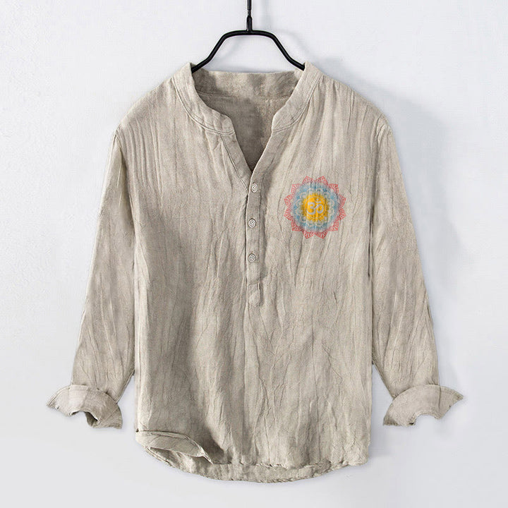 Camisa de manga larga de algodón y lino para hombre con diseño de mandala Om y Buddha Stones , botones y medio botón. - image 4