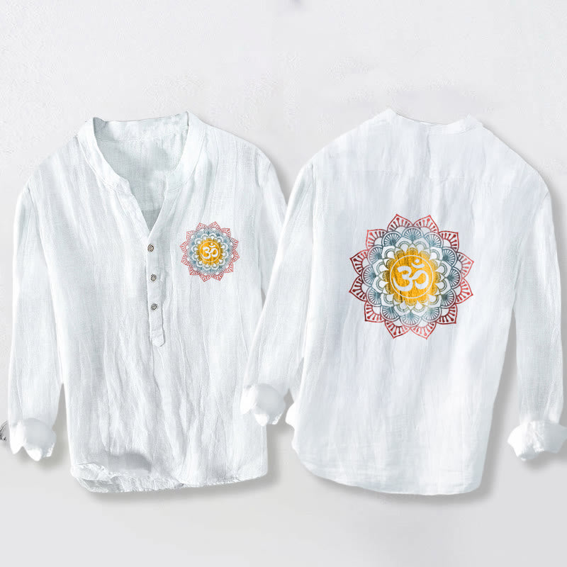 Camisa de manga larga de algodón y lino para hombre con diseño de mandala Om y Buddha Stones , botones y medio botón. - Blanco - US/UK/AU50, EU60 (5XL) - image 0