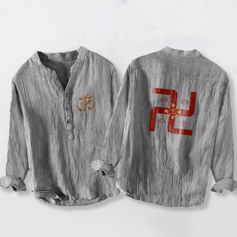 Camisa de manga larga de lino y algodón para hombre con diseño de esvástica, símbolo Om y loto con Buddha Stones. - Gris - US/UK/AU50, EU60 (5XL) - image 3