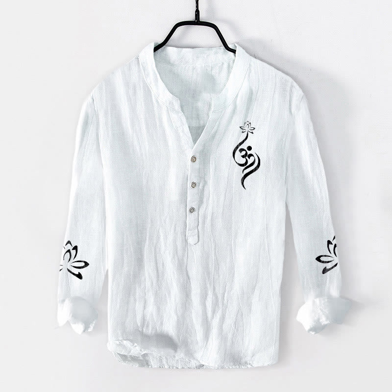 Camisa de manga larga de algodón y lino para hombre con estampado de símbolo Om de loto y Buddha Stones y medio botón. - Blanco - US/UK/AU50, EU60 (5XL) - image 6