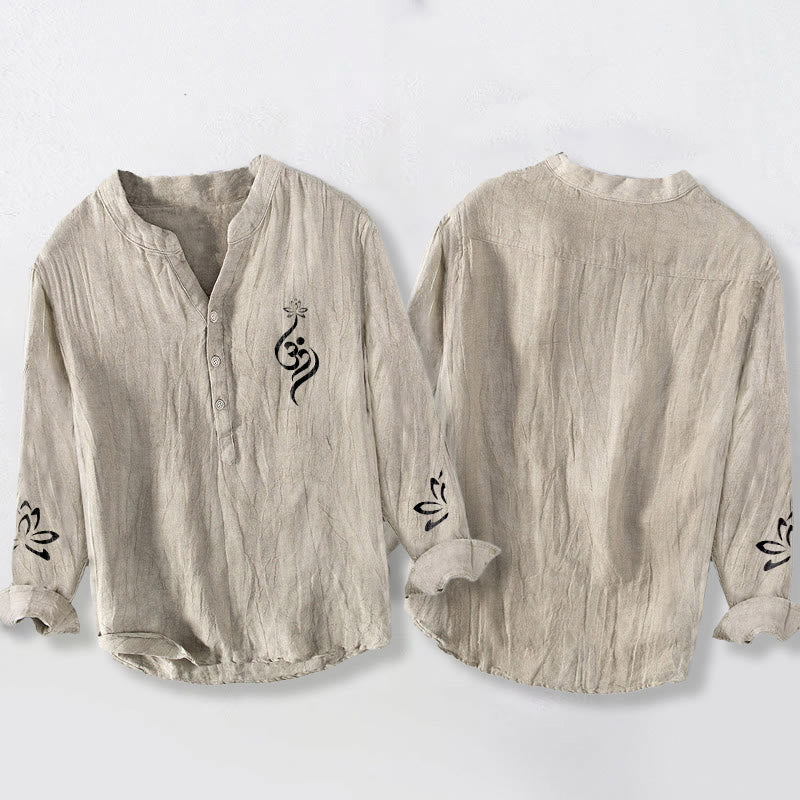 Camisa de manga larga de algodón y lino para hombre con estampado de símbolo Om de loto y Buddha Stones y medio botón. - image 5