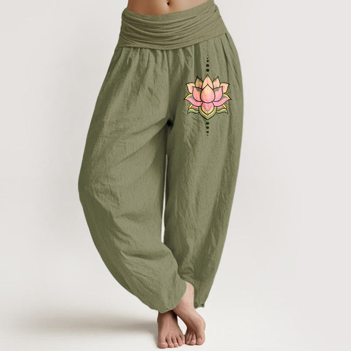 Pantalones Buddha Stones de algodón puro con estampado de flor de loto rosa y cintura elástica para mujer - Verde oliva - US22，UK/AU26，EU54 (6XL) - image 14