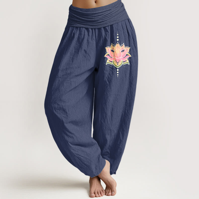 Pantalones Buddha Stones de algodón puro con estampado de flor de loto rosa y cintura elástica para mujer - Azul pizarra oscuro - US22，UK/AU26，EU54 (6XL) - image 8