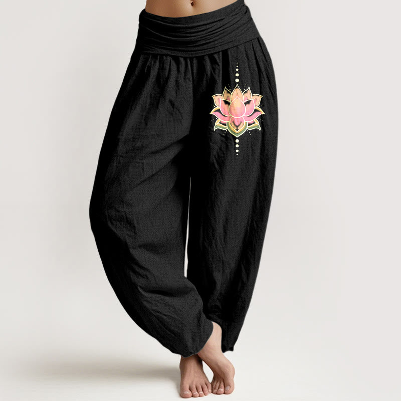 Pantalones Buddha Stones de algodón puro con estampado de flor de loto rosa y cintura elástica para mujer - Negro - US22，UK/AU26，EU54 (6XL) - image 5