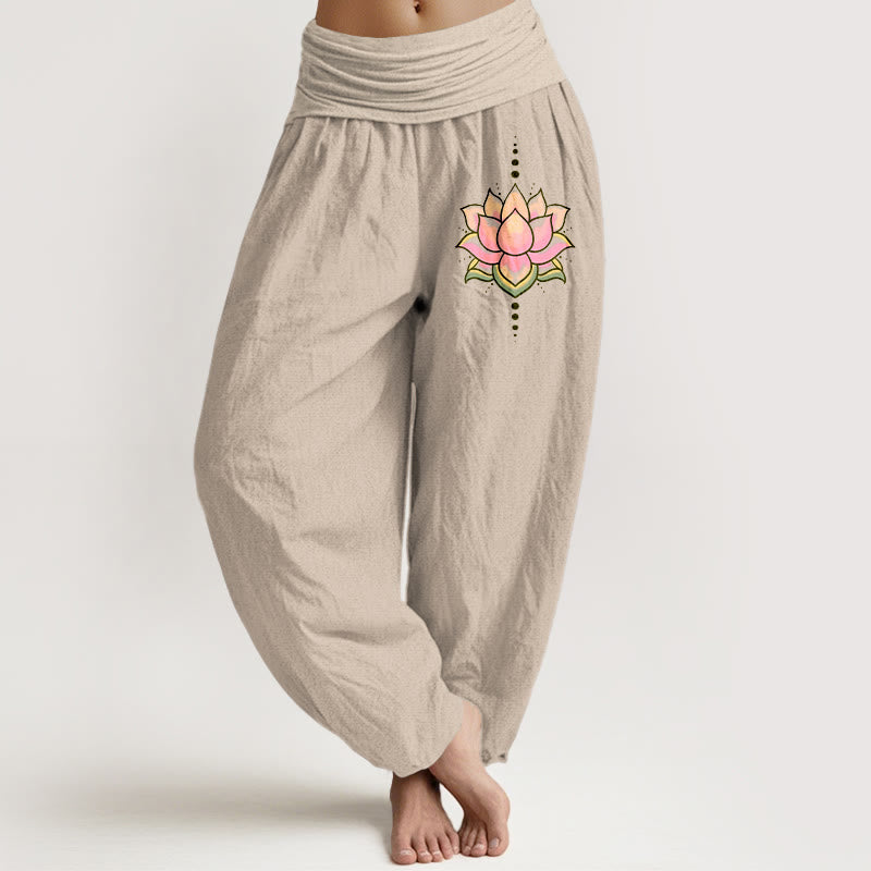 Pantalones Buddha Stones de algodón puro con estampado de flor de loto rosa y cintura elástica para mujer - Broncearse - US22，UK/AU26，EU54 (6XL) - image 0