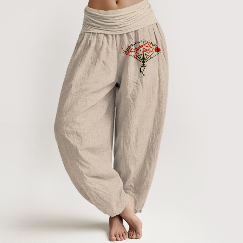 Pantalones harén de algodón puro con cintura elástica para mujer, con estampado de pez rojo y abanico de piedras de Buddha Stones - Broncearse - US22，UK/AU26，EU54 (6XL) - image 14