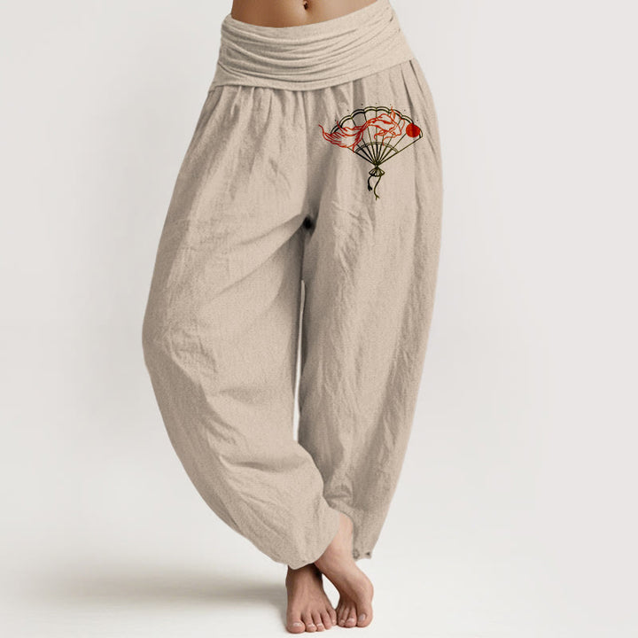Pantalones harén de algodón puro con cintura elástica para mujer, con estampado de pez rojo y abanico de piedras de Buddha Stones - Broncearse - US22，UK/AU26，EU54 (6XL) - image 14
