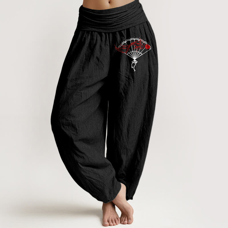 Pantalones harén de algodón puro con cintura elástica para mujer, con estampado de pez rojo y abanico de piedras de Buddha Stones - Negro - US22，UK/AU26，EU54 (6XL) - image 5