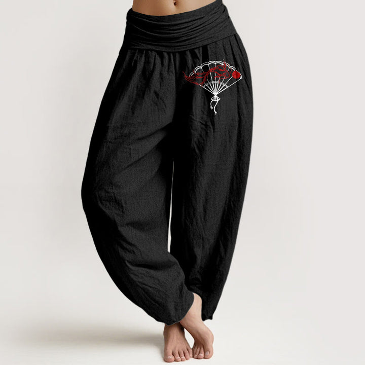 Pantalones harén de algodón puro con cintura elástica para mujer, con estampado de pez rojo y abanico de piedras de Buddha Stones - Negro - US22，UK/AU26，EU54 (6XL) - image 5