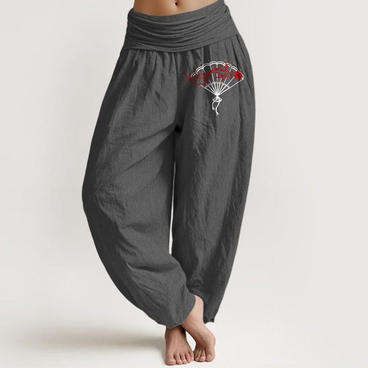 Pantalones harén de algodón puro con cintura elástica para mujer, con estampado de pez rojo y abanico de piedras de Buddha Stones - Gris oscuro - US22，UK/AU26，EU54 (6XL) - image 11